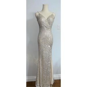 Elegant Champagne Micro-Sequin Evening Gown